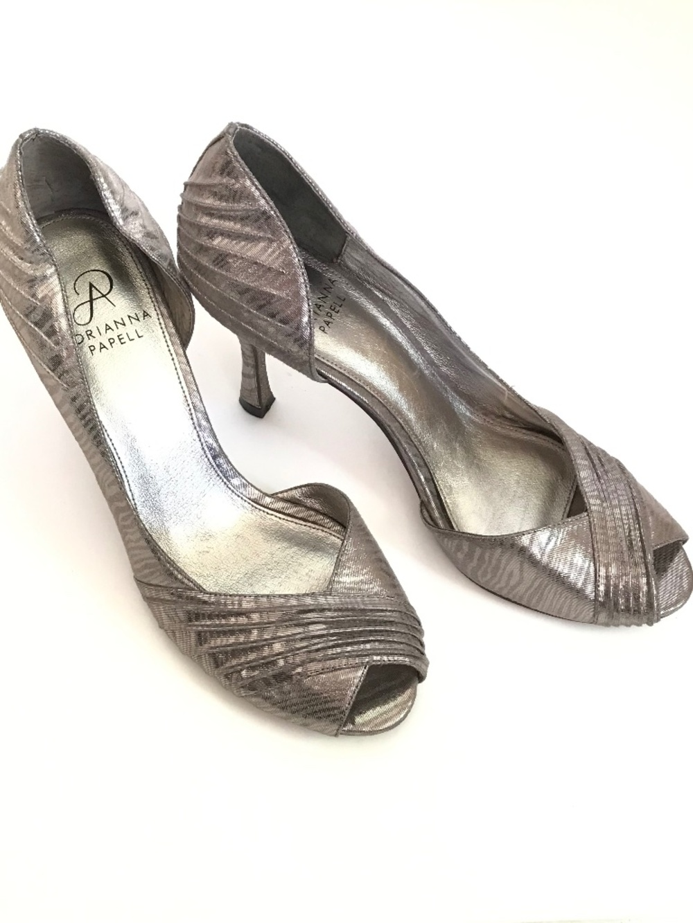 ADRIANNA PAPELL Peep Toe Pump with Ruching Silver Heels Women’s Size 8